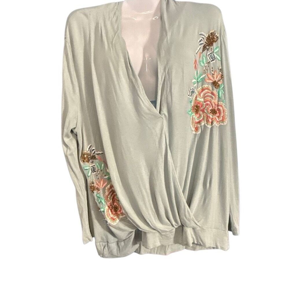 Akemi + Kin Embroidered Wrap Front Top Size Large Sage Green Boho Beaded